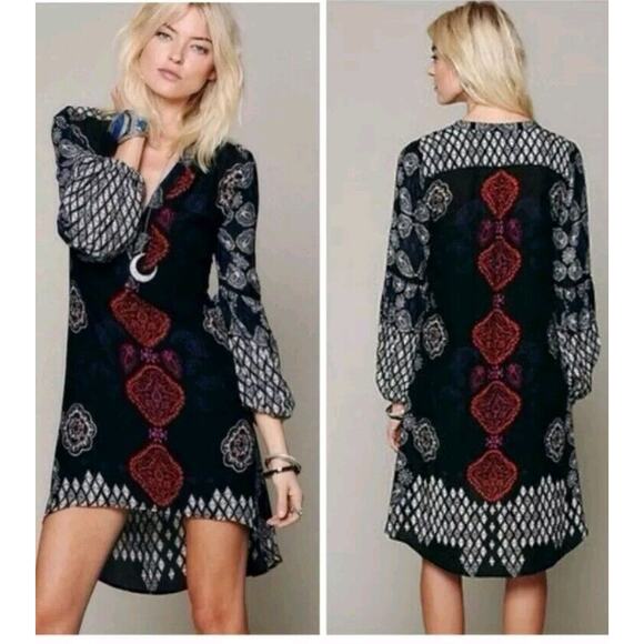 Free People Paisley Shift Tunic Mini Dress High Low Boho Black Red Small 2 4‎ - Picture 1 of 4